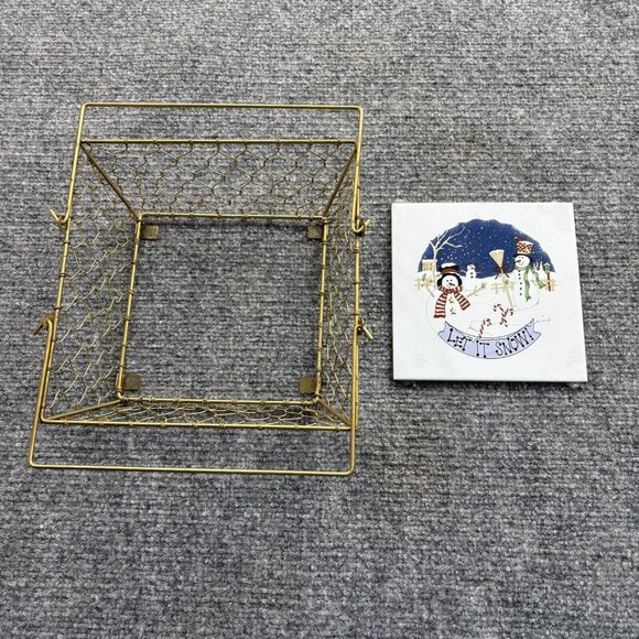 Christmas Basket Gold Wire Square With Center Tile Snowmen Let It Snow Holiday‎ - Picture 3 of 10